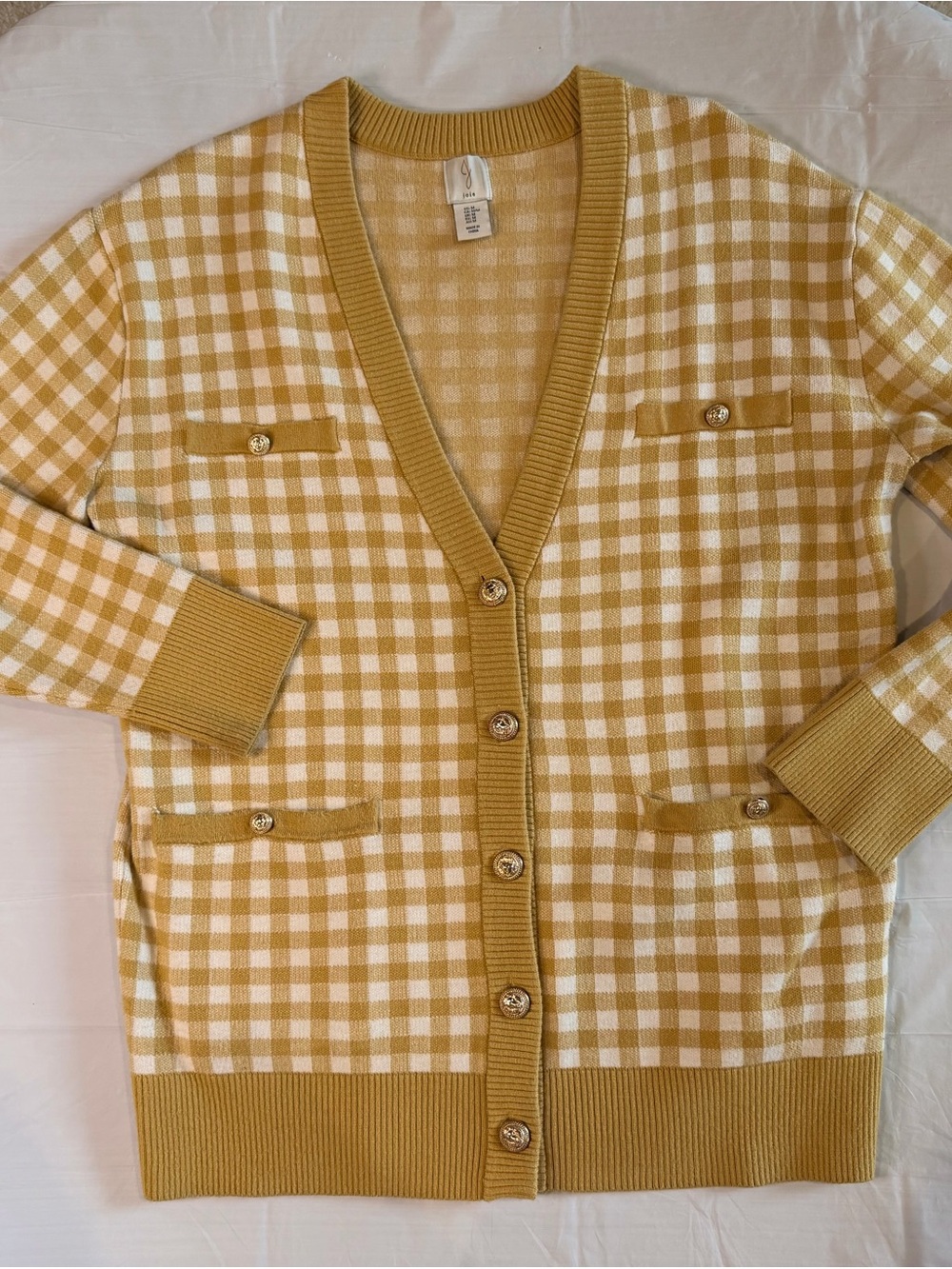 Joie Women’s Medium Gingham Check Cardigan Mustard Cream Gold Button Sweater